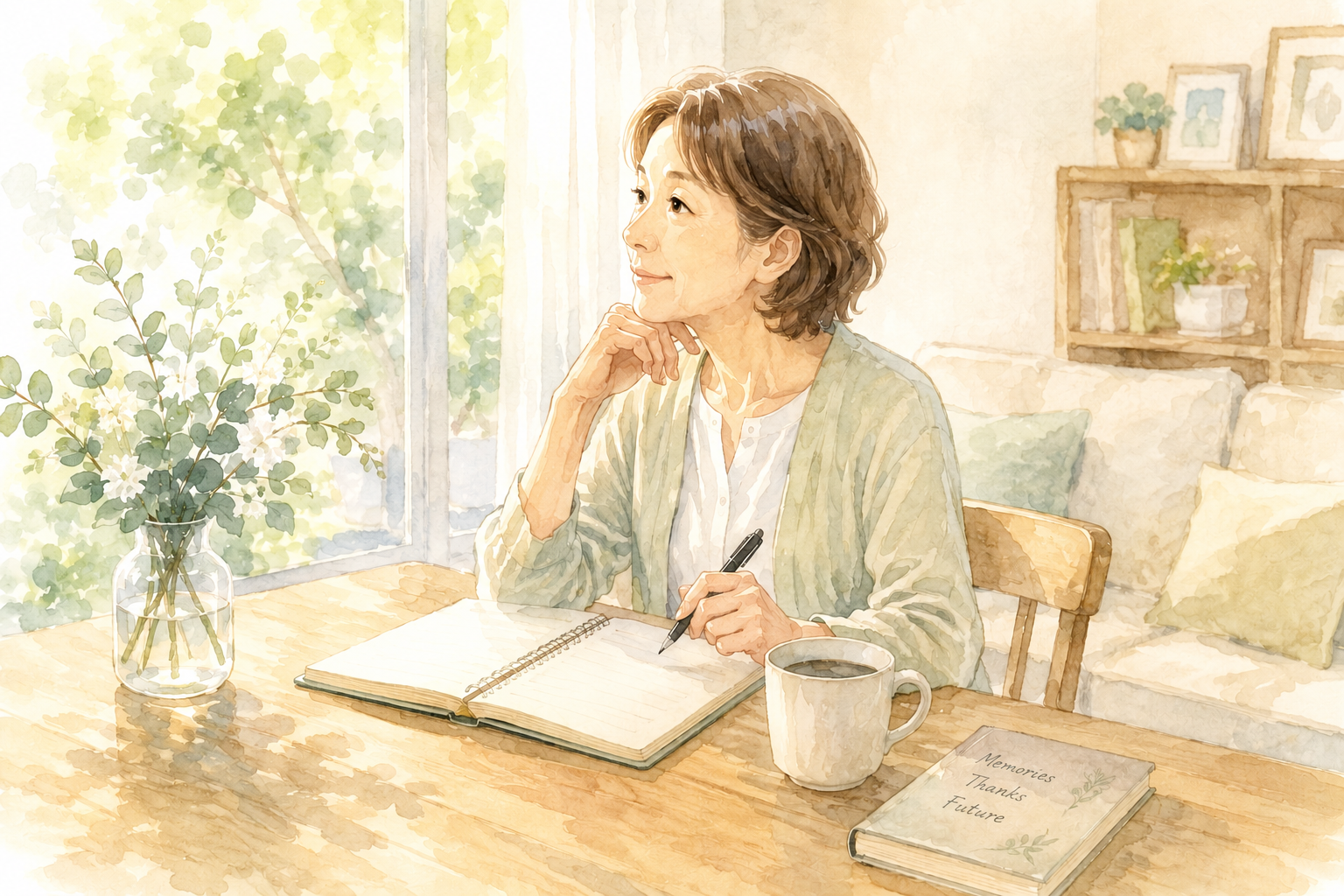 明るいリビングでノートを開き、これからの暮らしについて考える女性